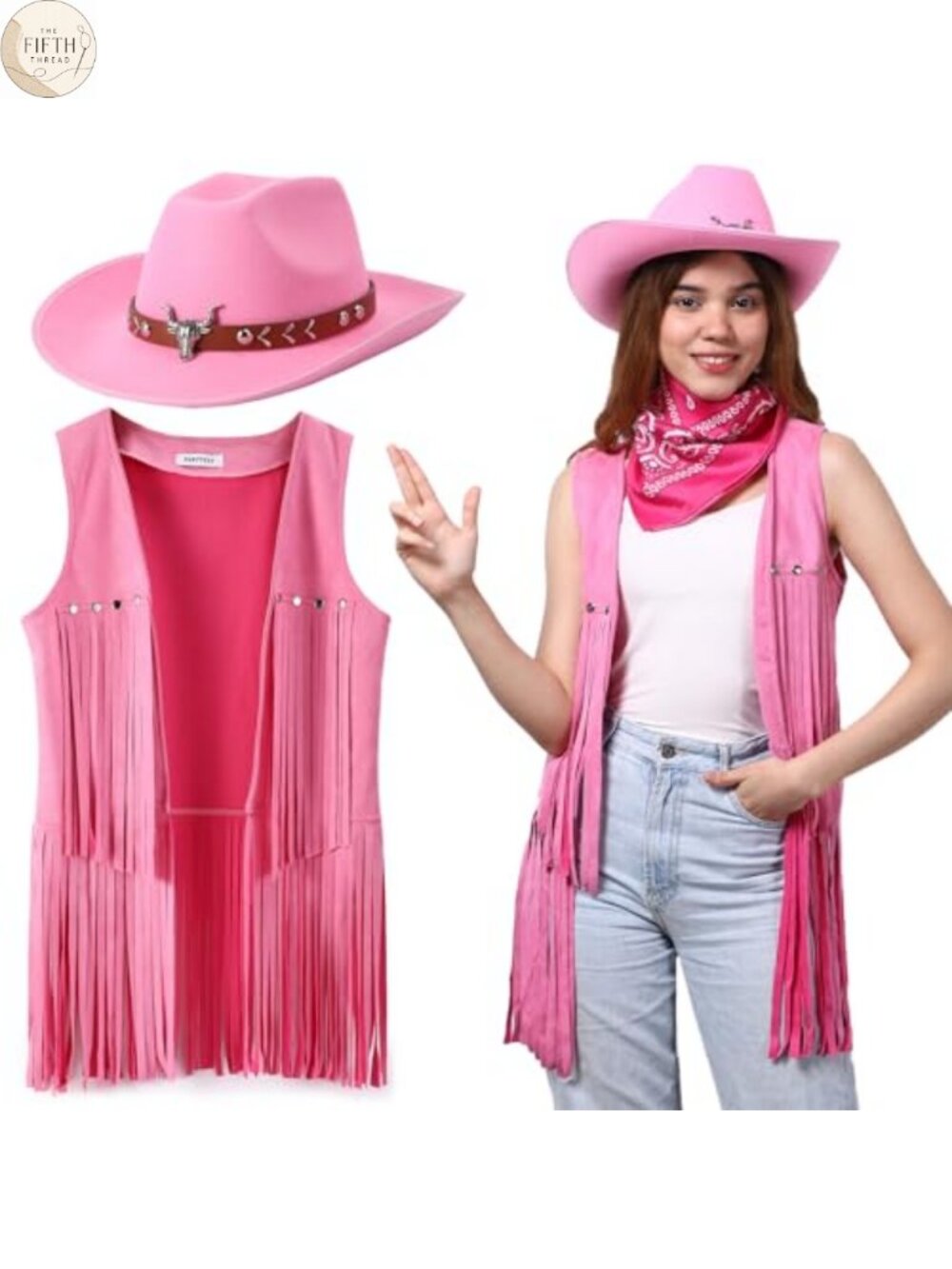 3-Piece Fringe Vest Cowboy Hat Bandana Costume Set